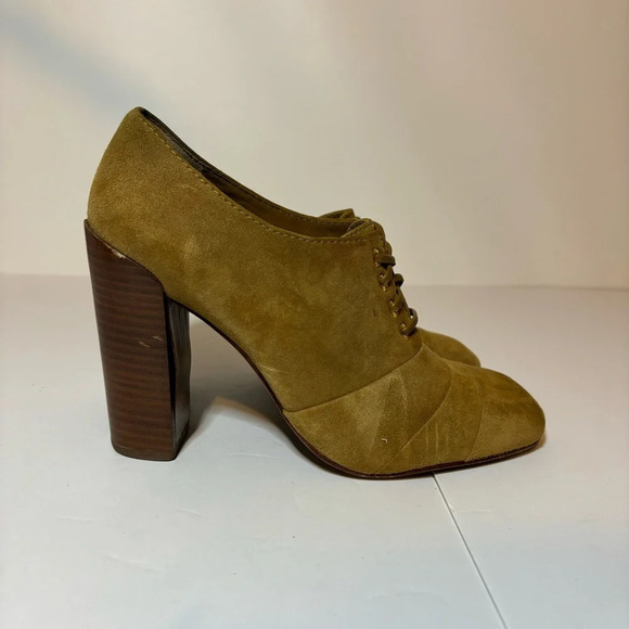 Tory Burch Women Tan Lace Up Leather Suede Booties Ankle High Heel Boots 7.5 M - Picture 1 of 11
